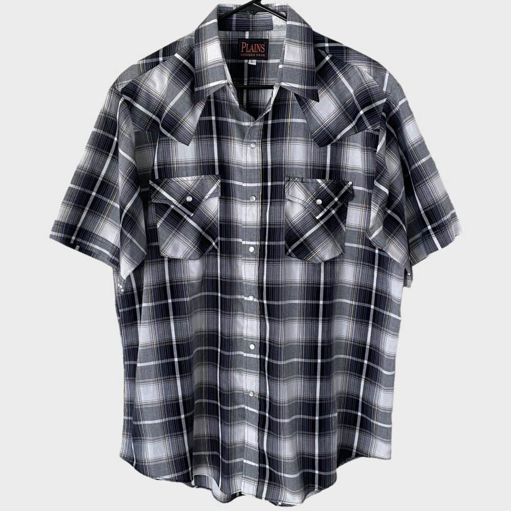 Vintage Plains Western Wear Pearl-Snap Shirt Men's Large Gray Plaid Button-Up